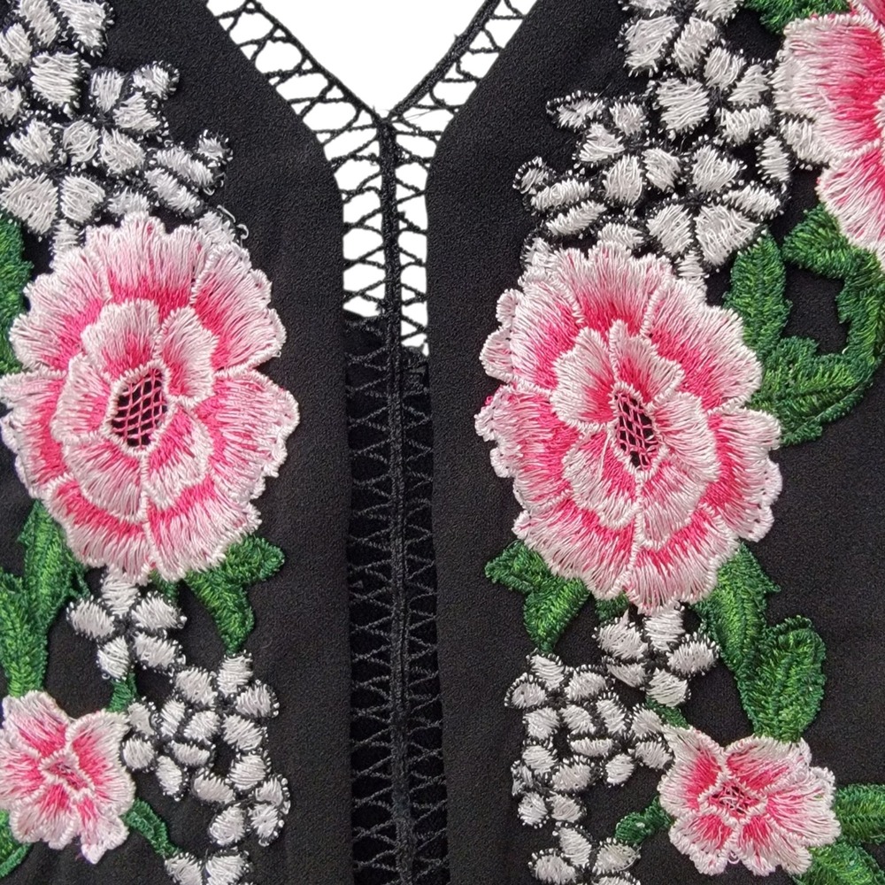 Boho Whimsigoth Maxi Dress Romantic Black Floral Embroidered Sleeveless Resort - Picture 6 of 10